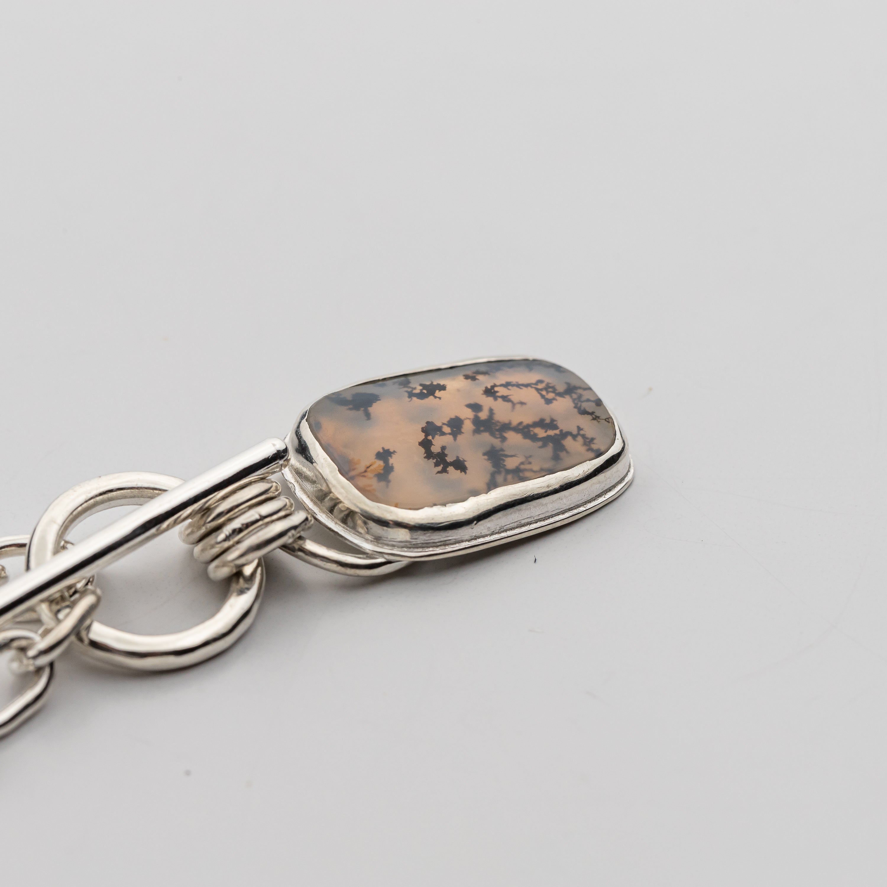 Handmade Sterling Silver Chain with Bezel Set Dendritic Agate Pendant and Toggle Clasp, One of a Kind Artisan Silver Jewelry, Argentium Chain