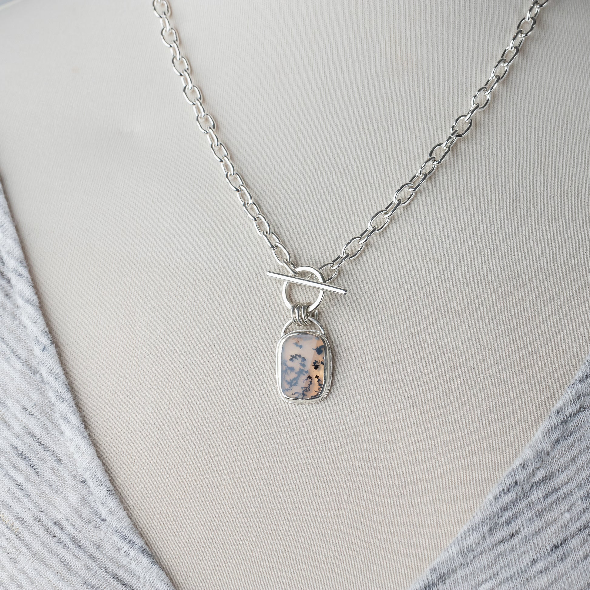 Handmade Sterling Silver Chain with Bezel Set Dendritic Agate Pendant and Toggle Clasp, One of a Kind Artisan Silver Jewelry, Argentium Chain