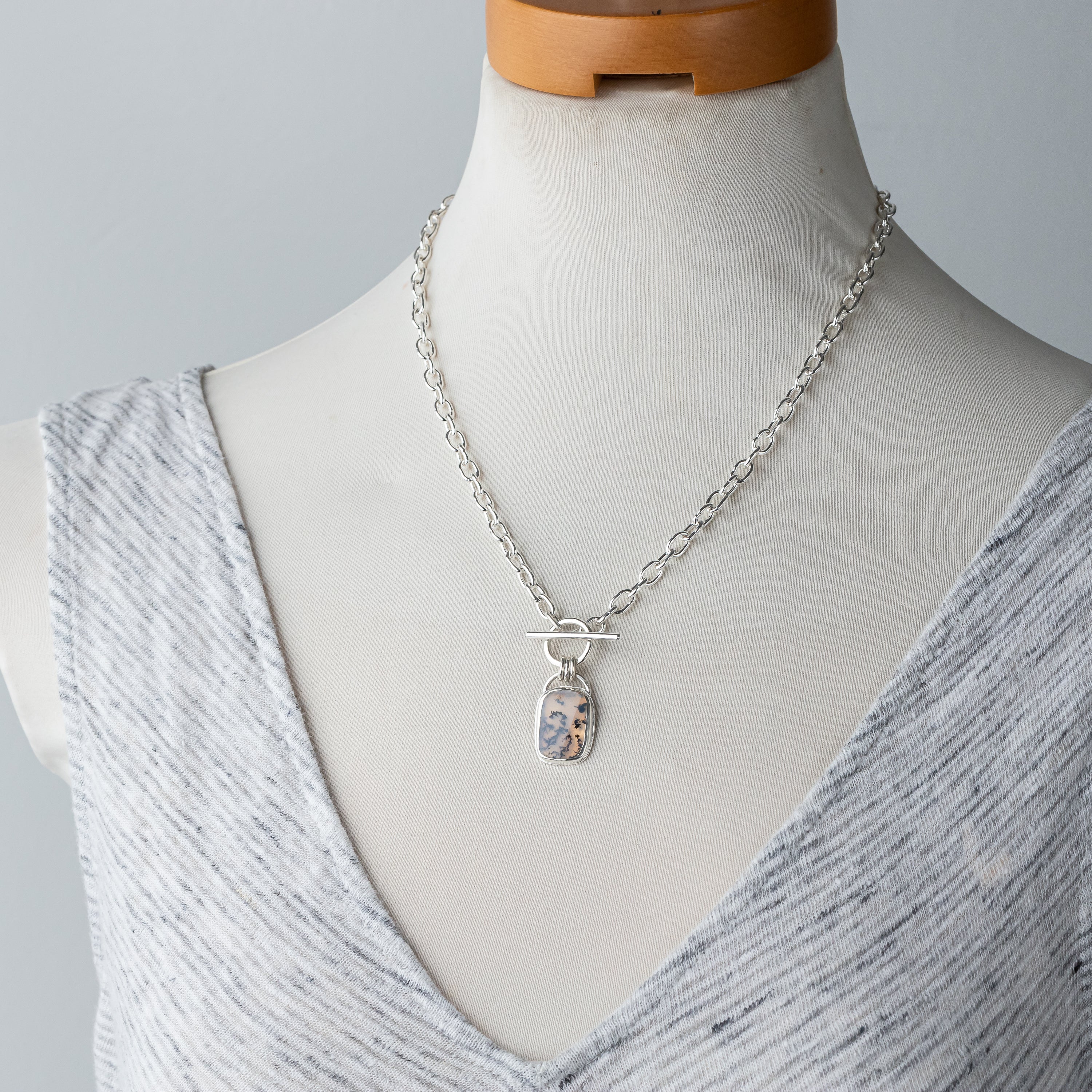 Handmade Sterling Silver Chain with Bezel Set Dendritic Agate Pendant and Toggle Clasp, One of a Kind Artisan Silver Jewelry, Argentium Chain