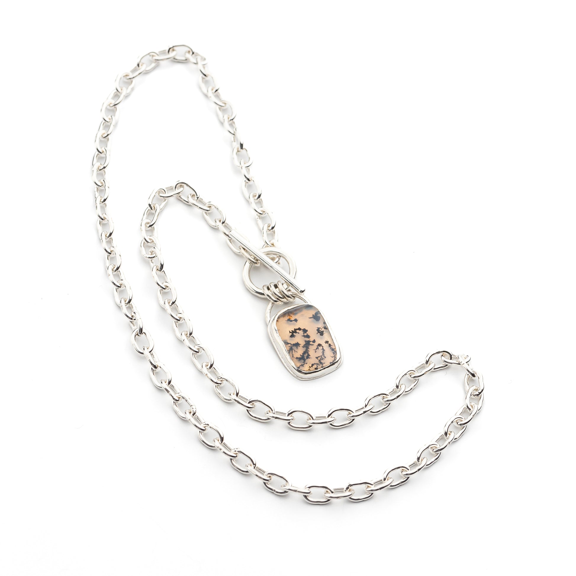Handmade Sterling Silver Chain with Bezel Set Dendritic Agate Pendant and Toggle Clasp, One of a Kind Artisan Silver Jewelry, Argentium Chain