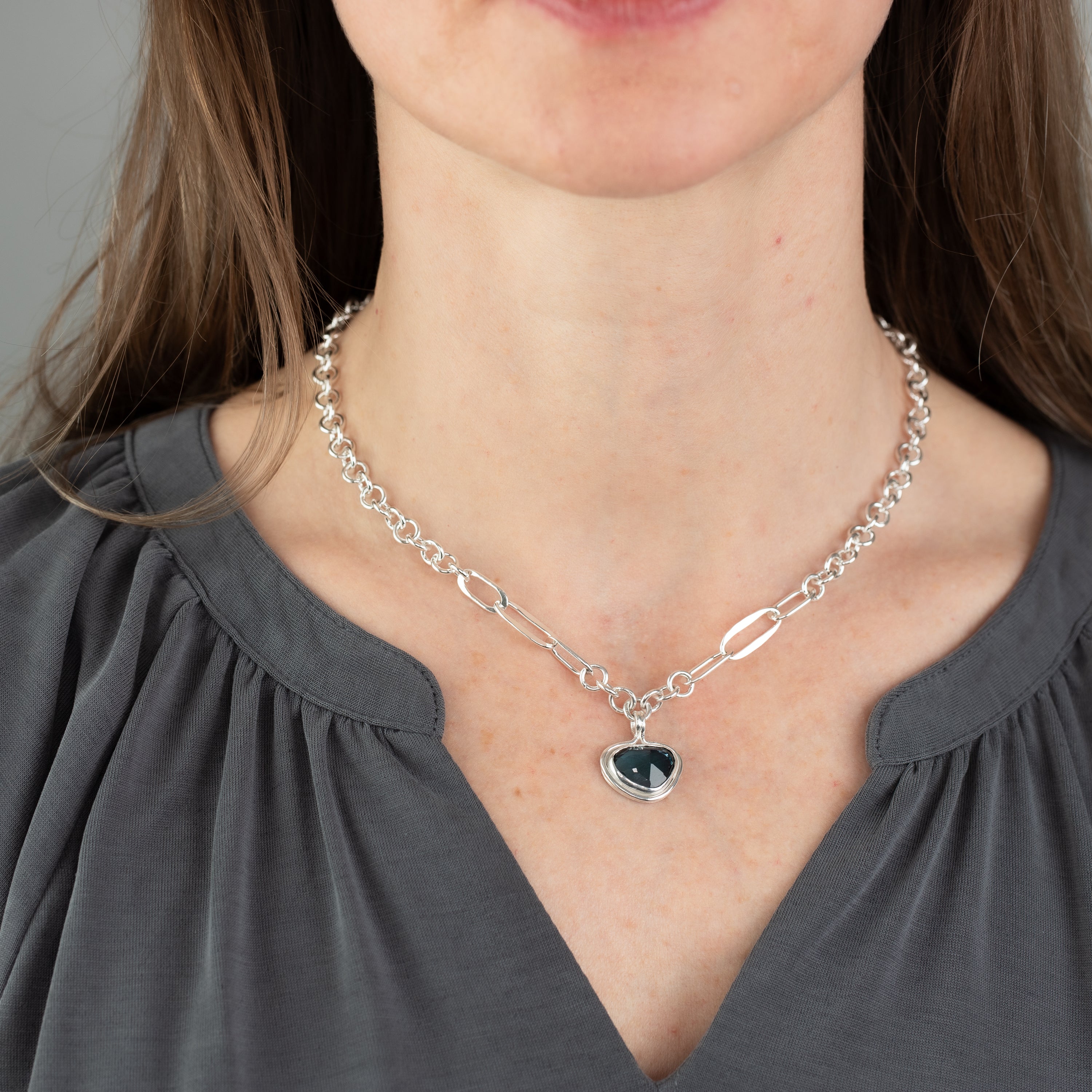 Blue Topaz Pendant on Handmade Silver Chain
