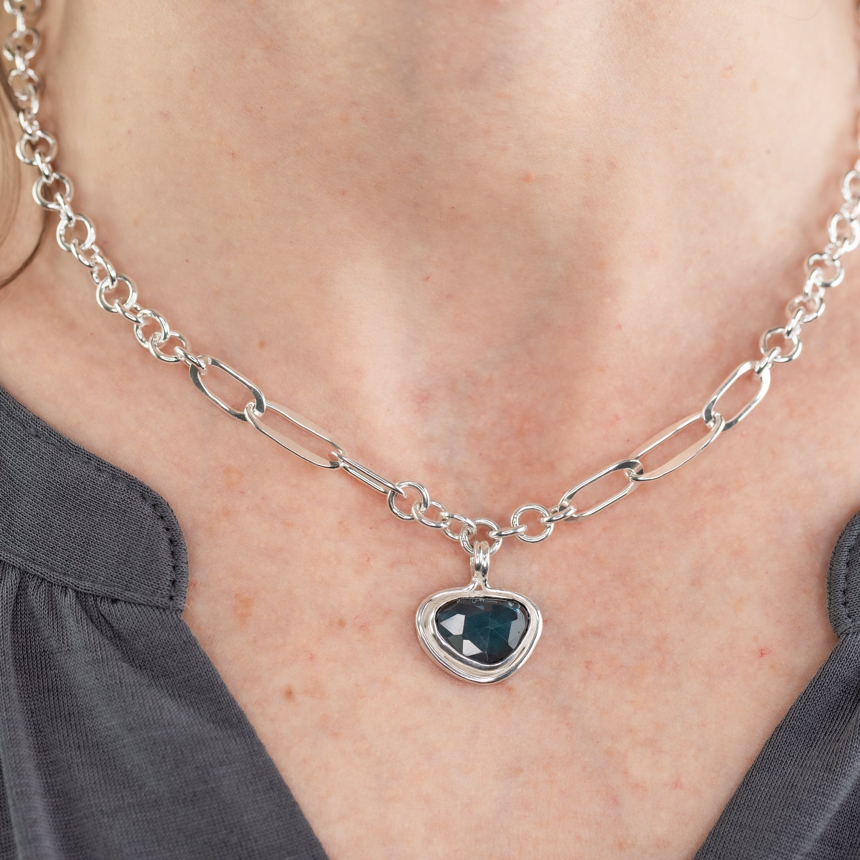 Blue Topaz Pendant on Handmade Silver Chain