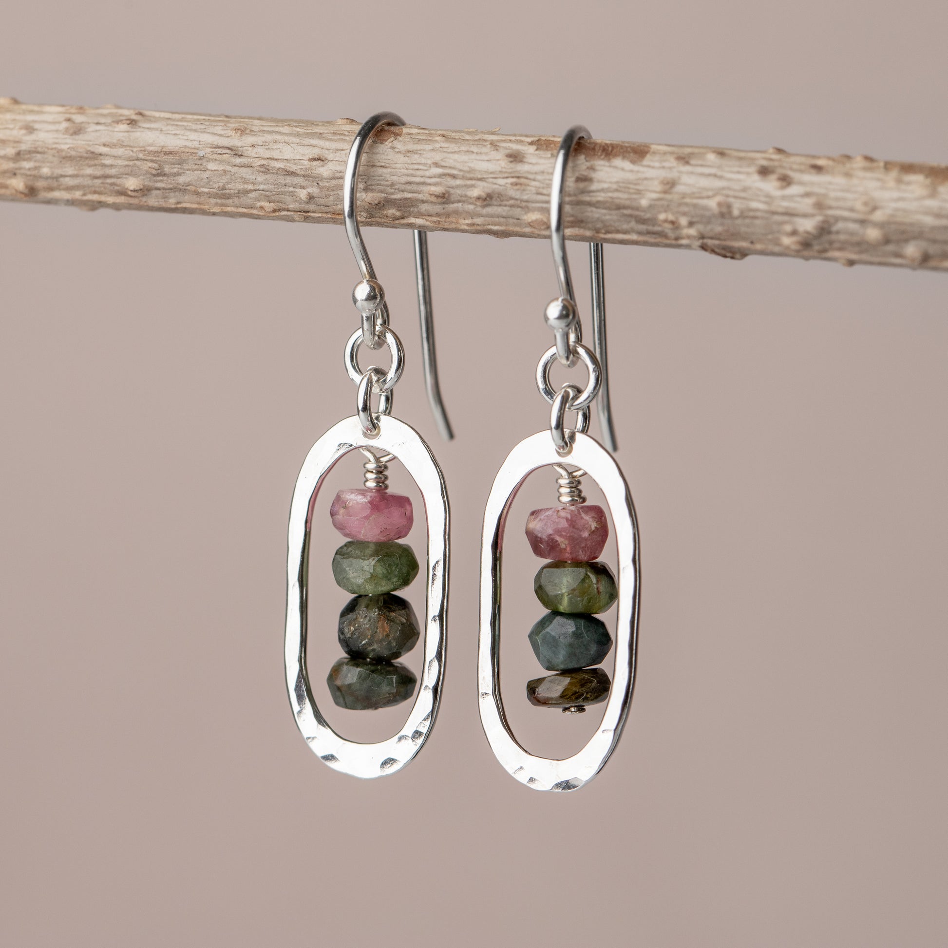 Handmade tourmaline oval dangle earrings in Argentium silver