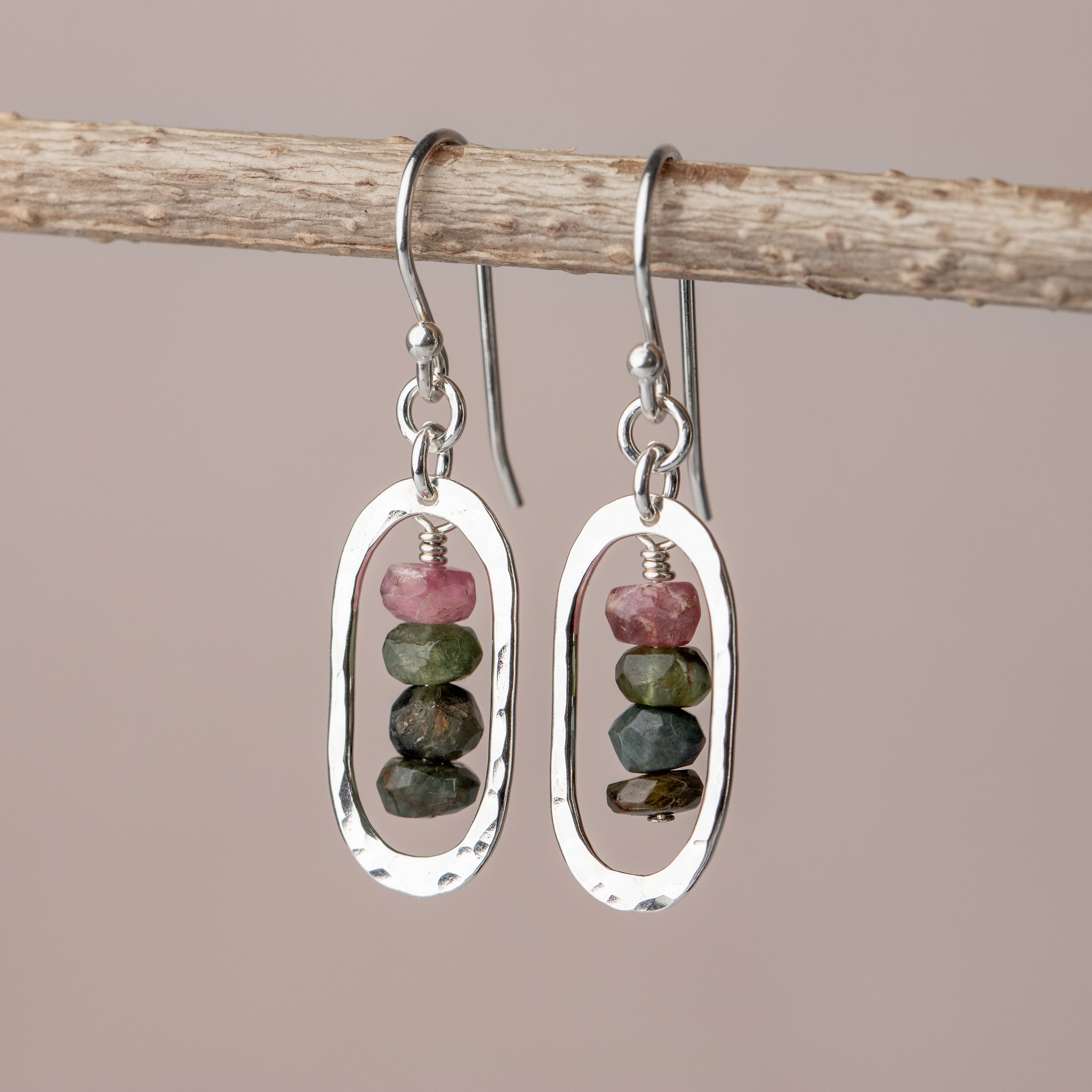 Handmade tourmaline oval dangle earrings in Argentium silver