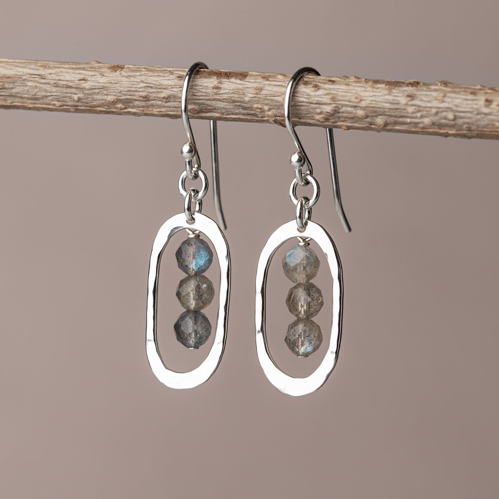 Labradorite gemstone earrings with hammered silver ovals