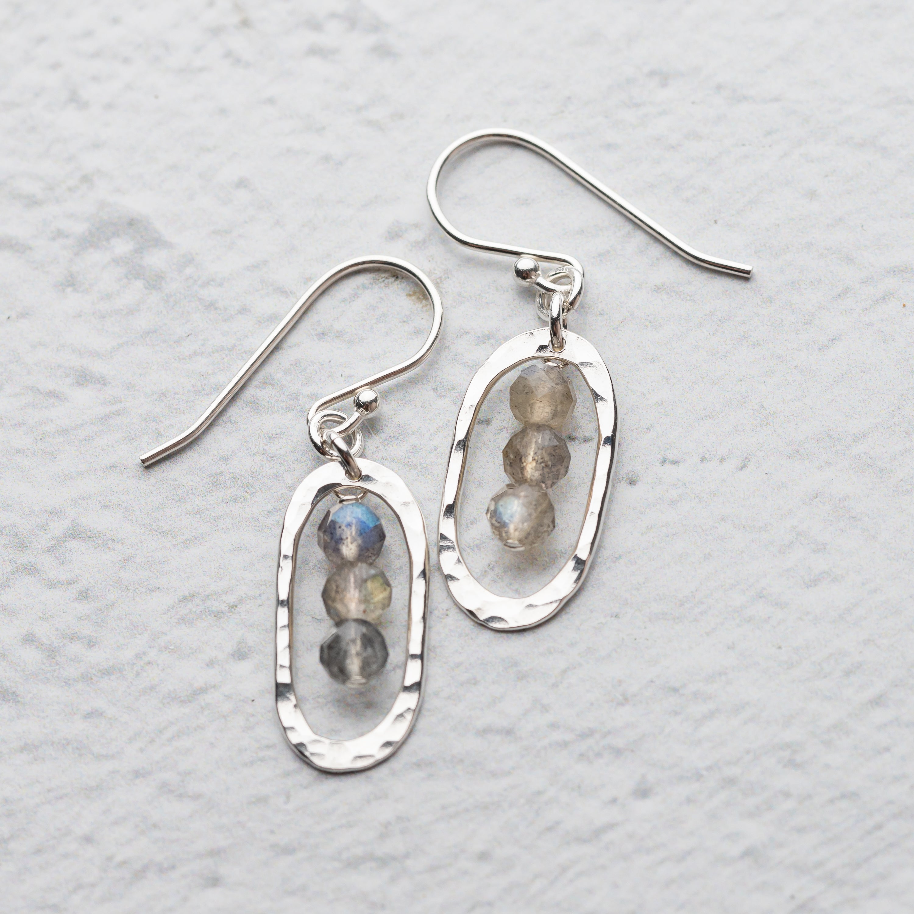 Handmade labradorite oval dangle earrings in Argentium silver
