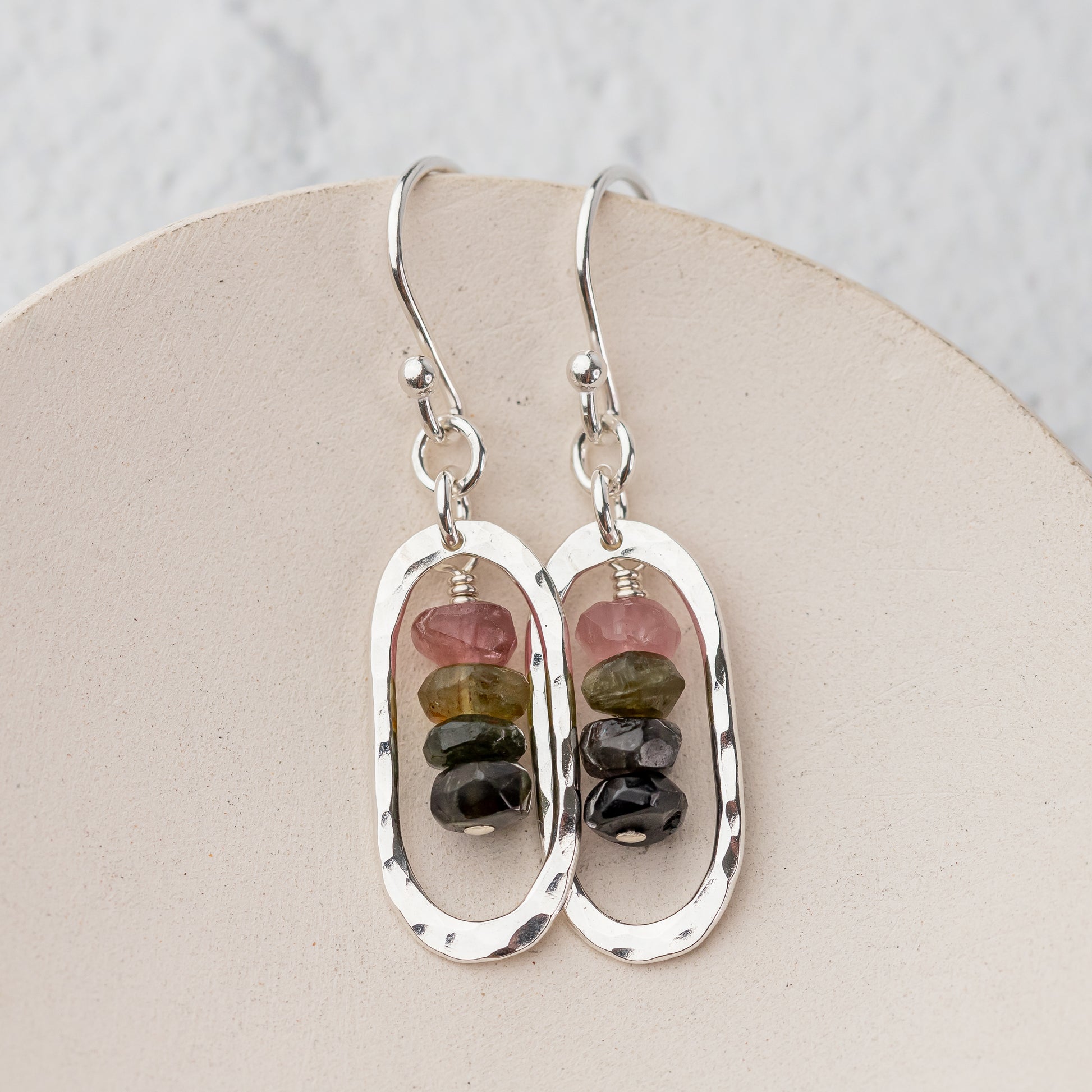 High polish hammered silver earrings with multicolor gemstones