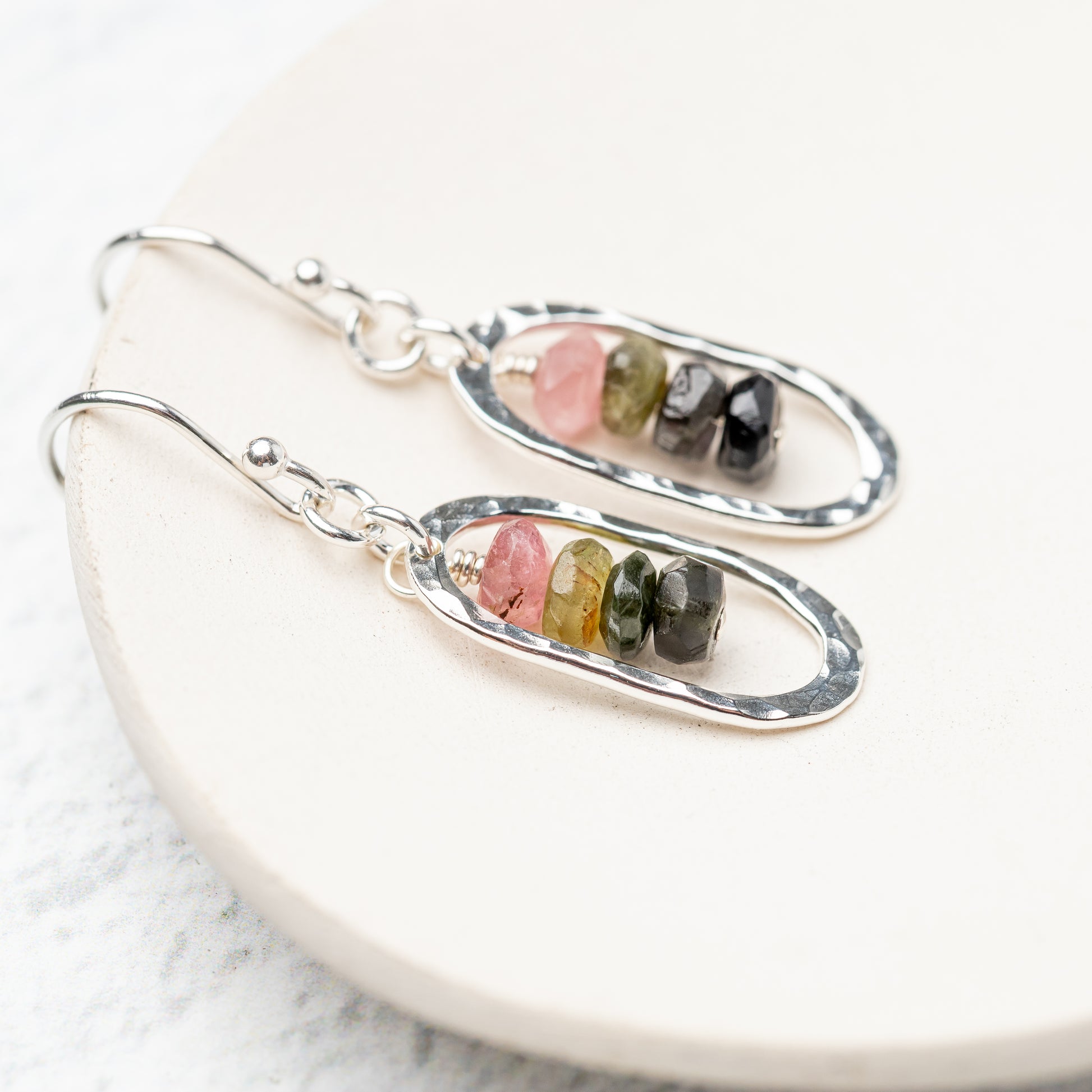 Multicolor gemstone earrings with hammered silver ovals