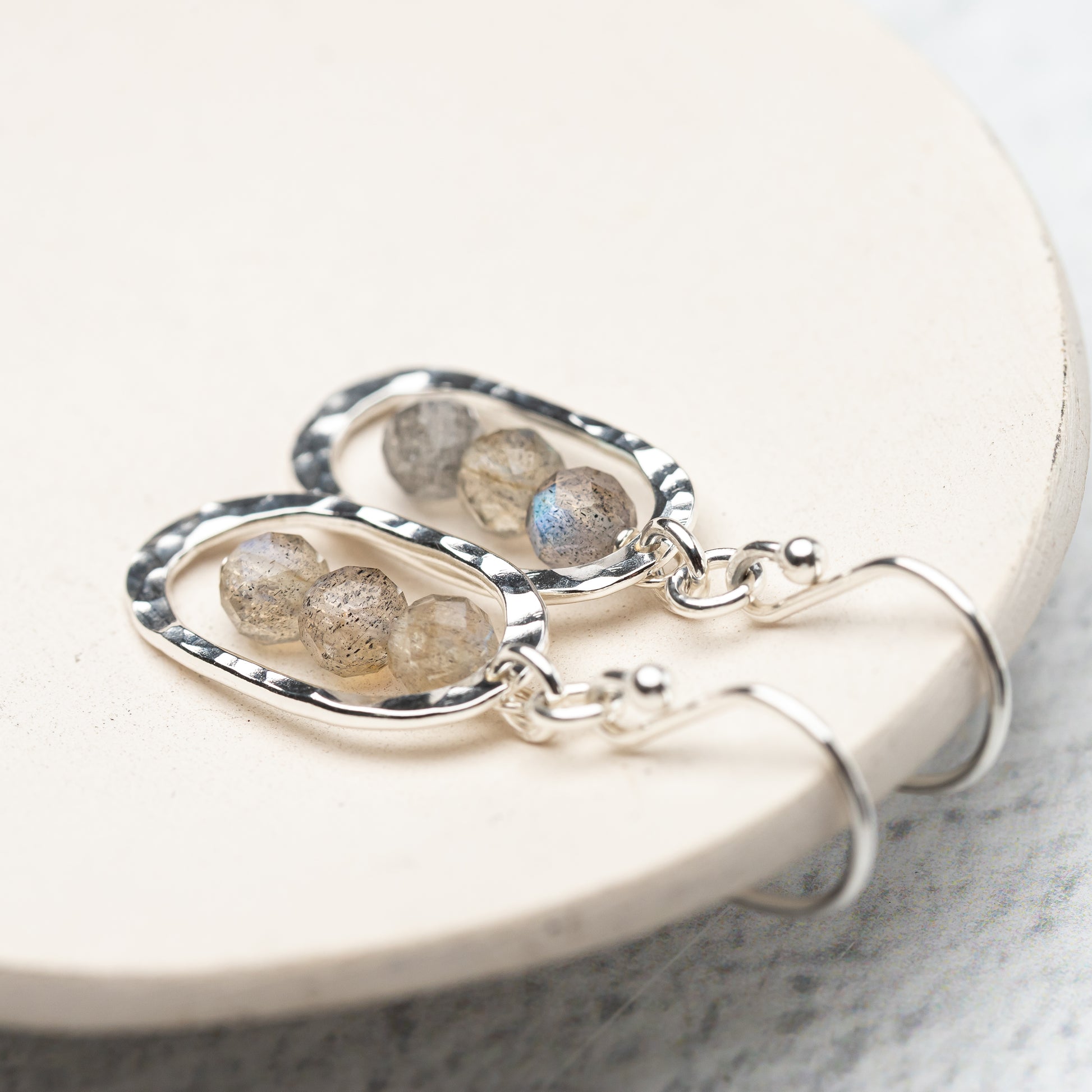 High polish hammered silver earrings with labradorite beads
