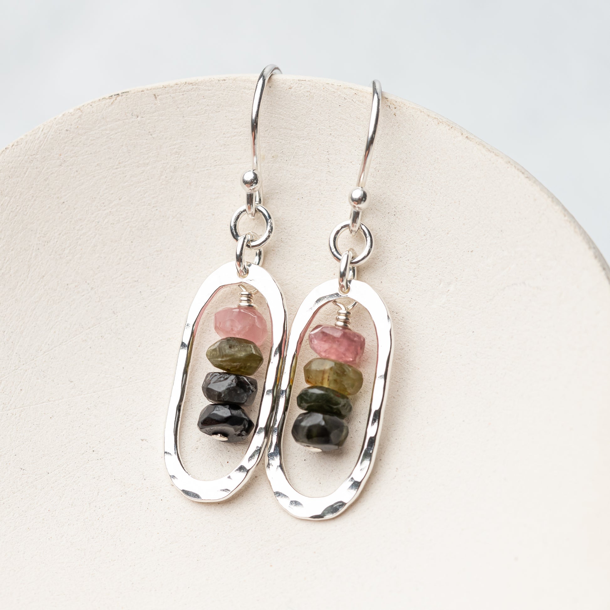 Handmade silver earrings with natural multicolor tourmaline stones