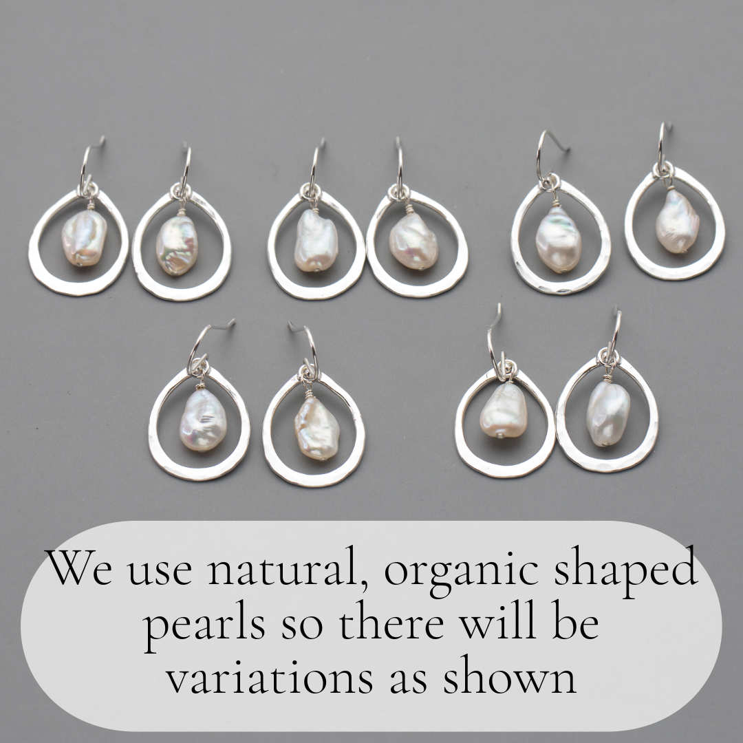 Set of pearl earrings on a gray background with text about natural pearls.