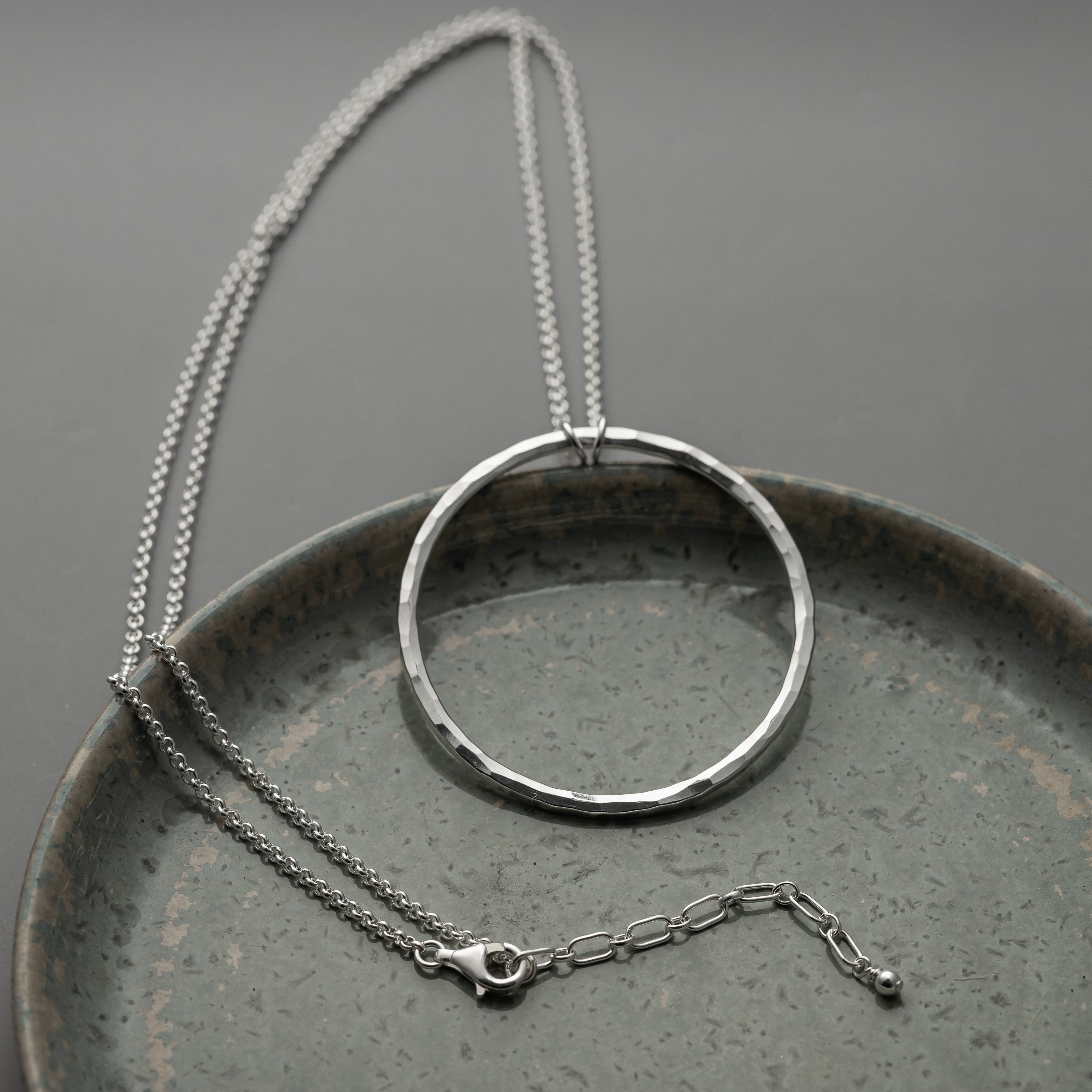 sterling silver statement circle necklace with hand hammered texture