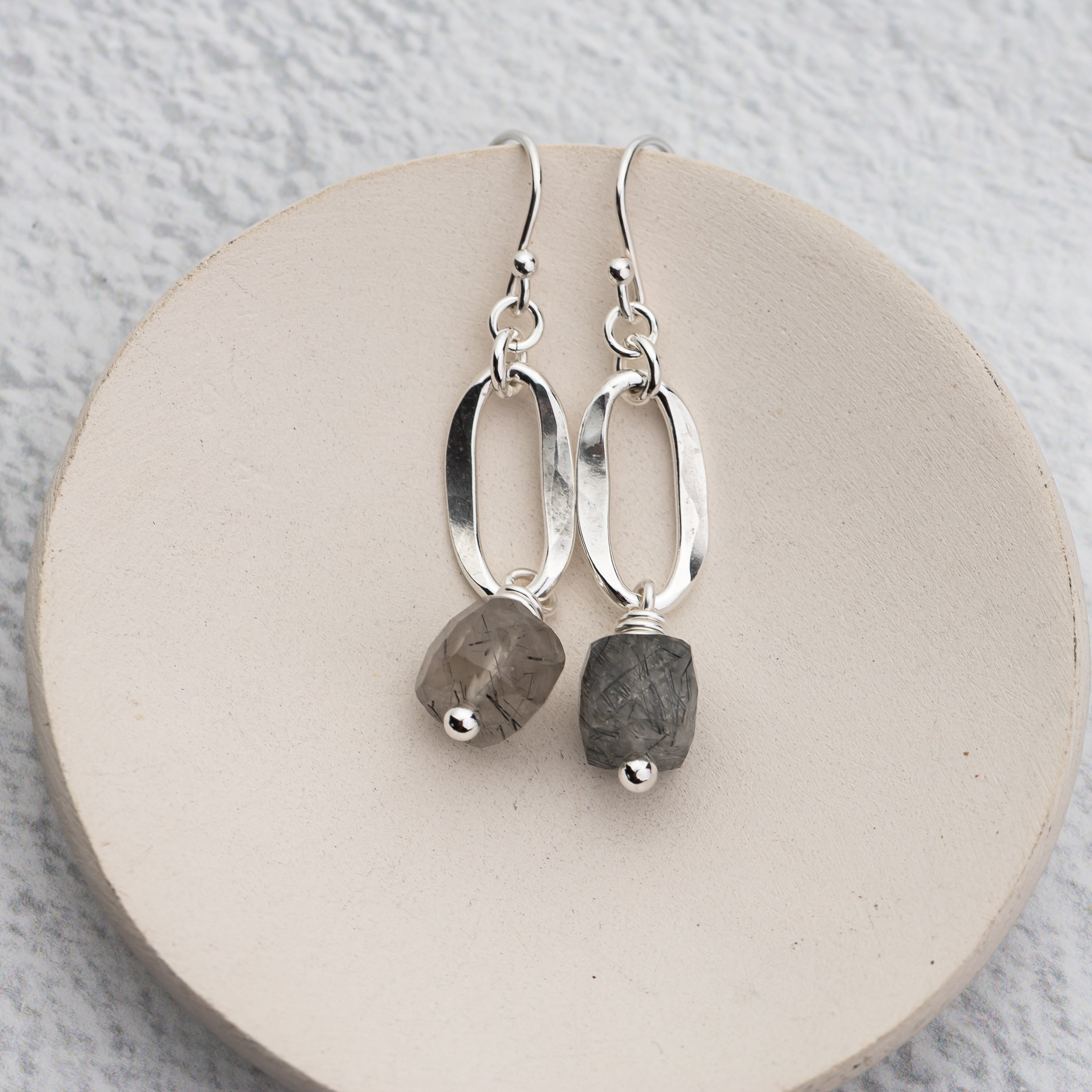 unique handmade silver earrings with hammered ovals and tourmalized quartz gemstones