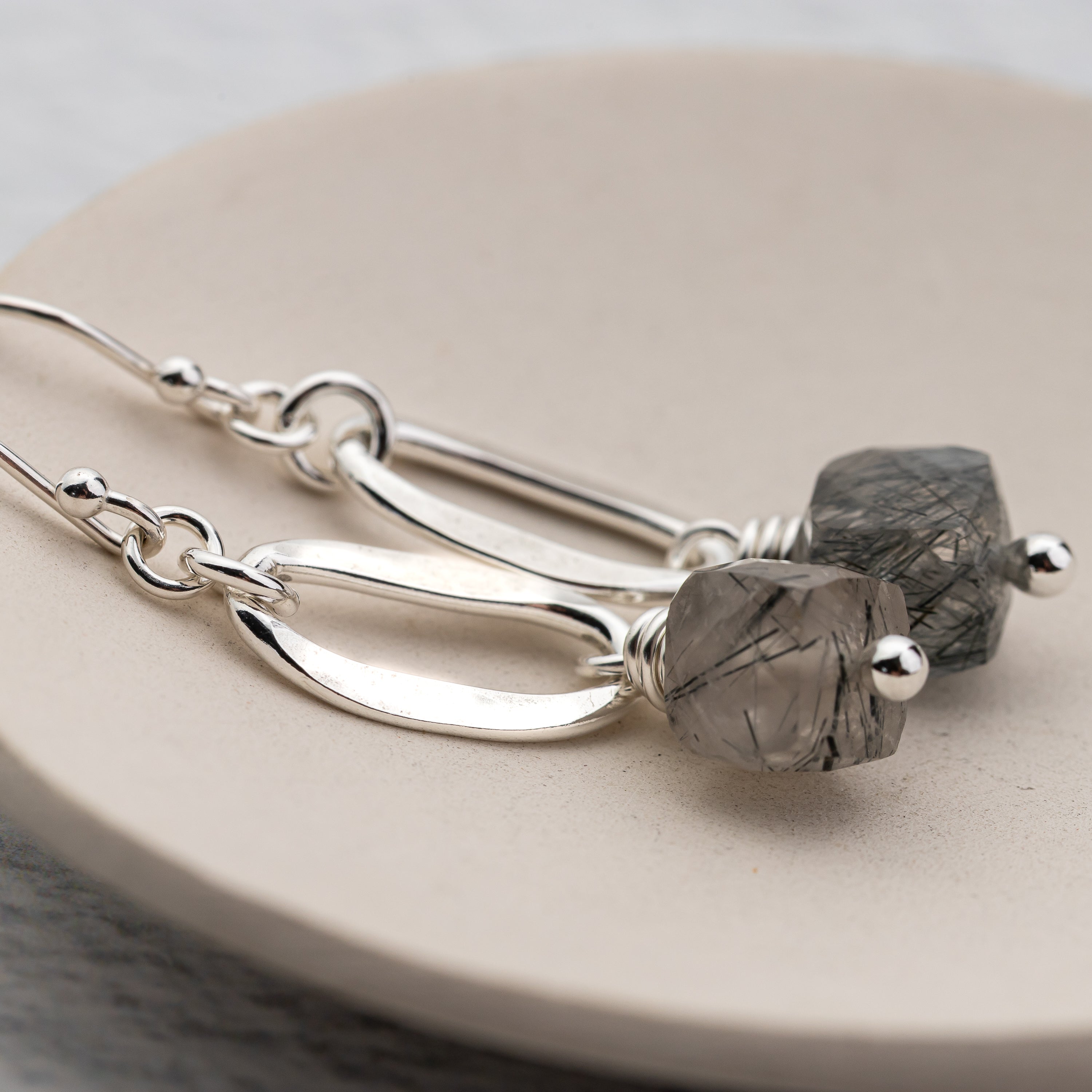Handmade sterling silver dangle earrings with hammered silver ovals and natural gemstones
