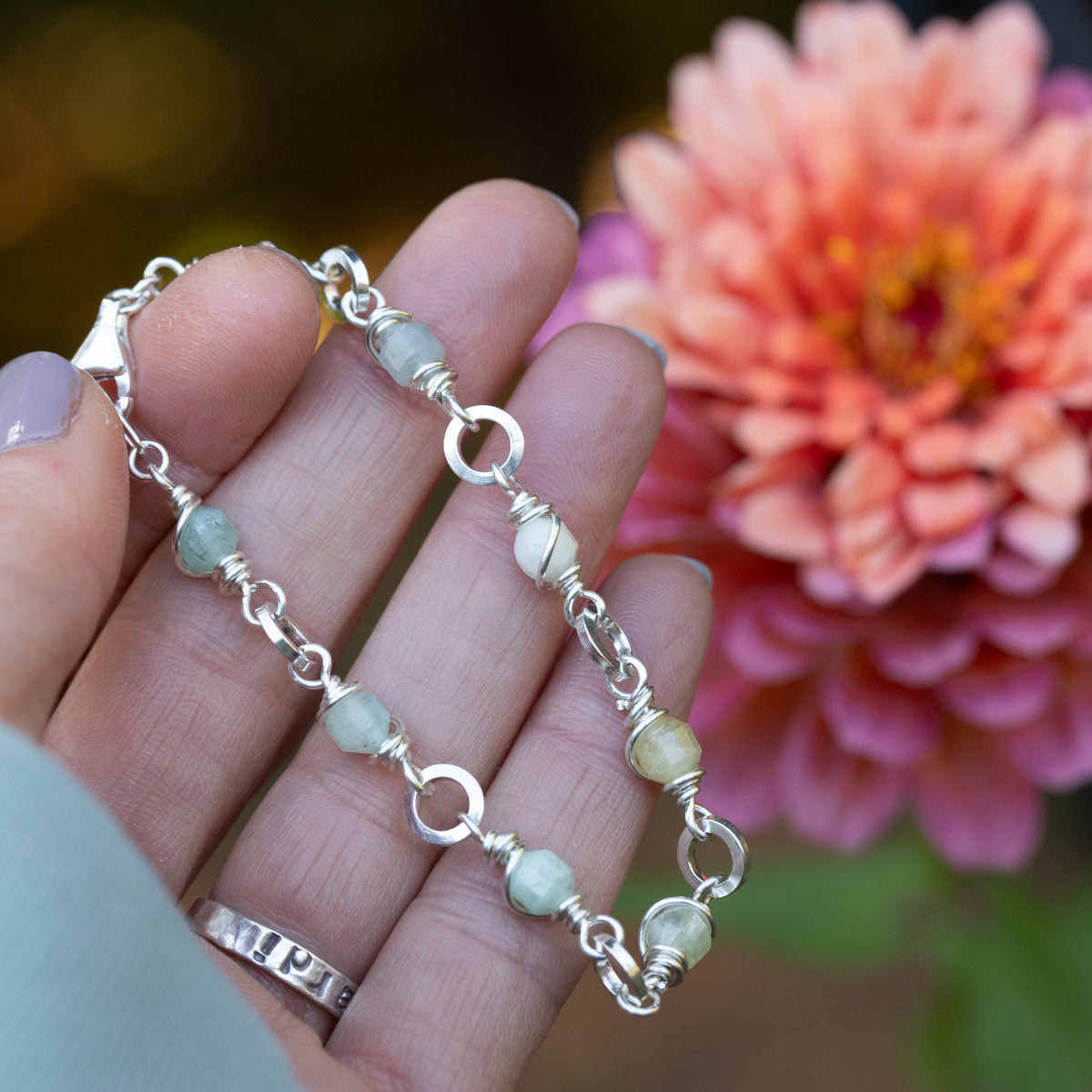 Aquamarine Wire Wrapped Chain Bracelet