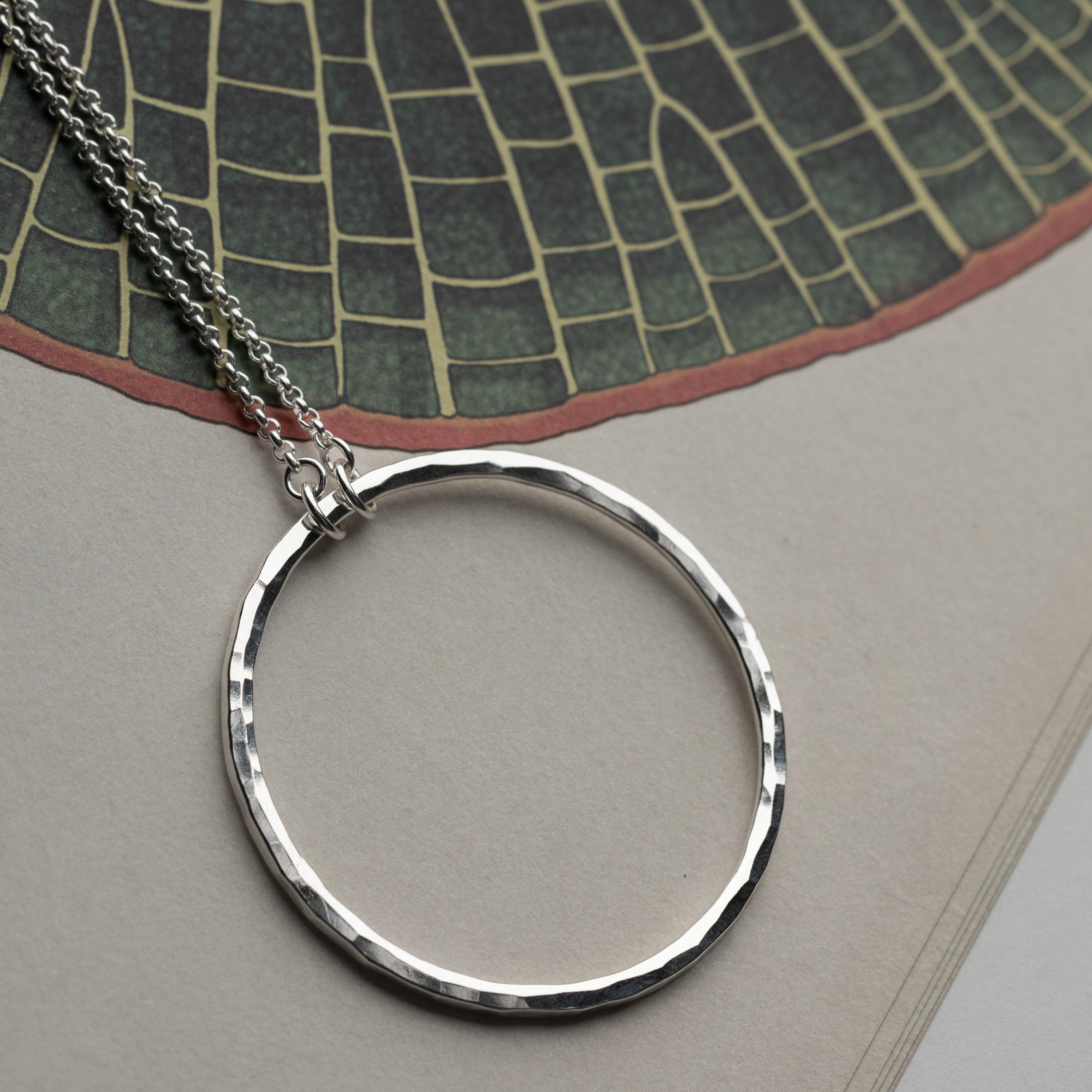 Artisan Sterling Silver Circle Necklace, Long Statement Necklace