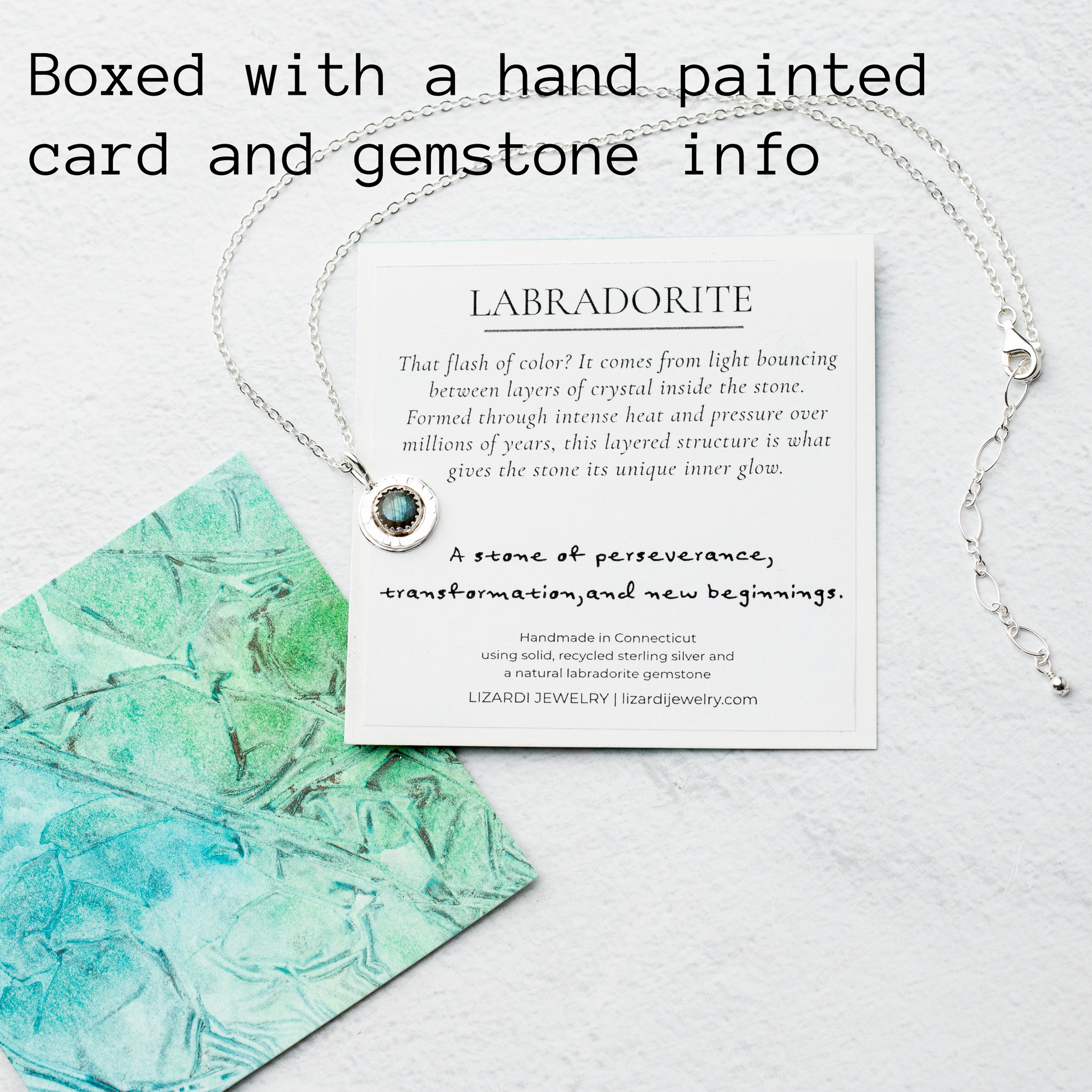 handmade jewelry gift ideas for her this labradorite necklace comes boxed with a hand painted card with gemstone info and it's a meaningful gift
