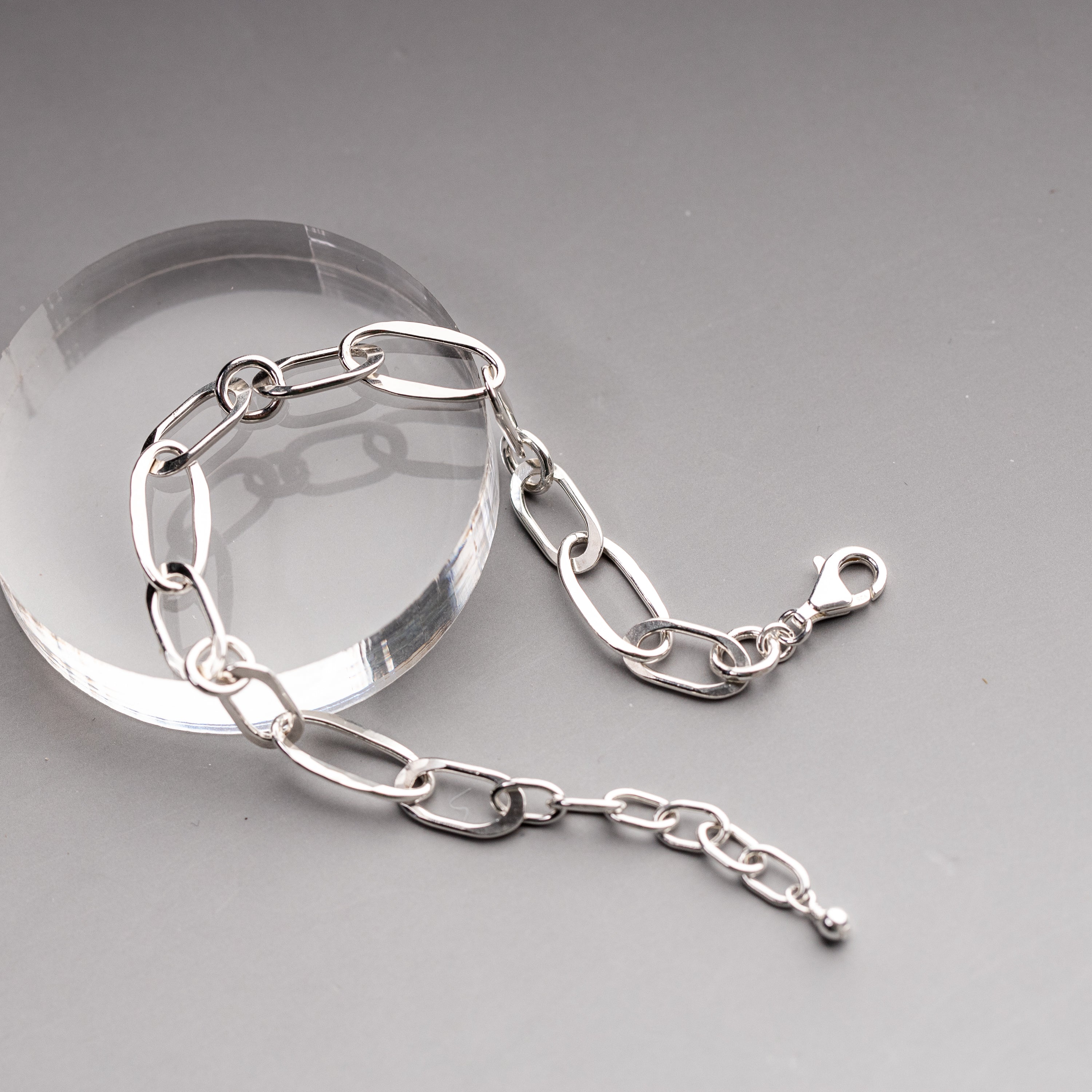 Handmade chain bracelet showing clasp and extender bead detail