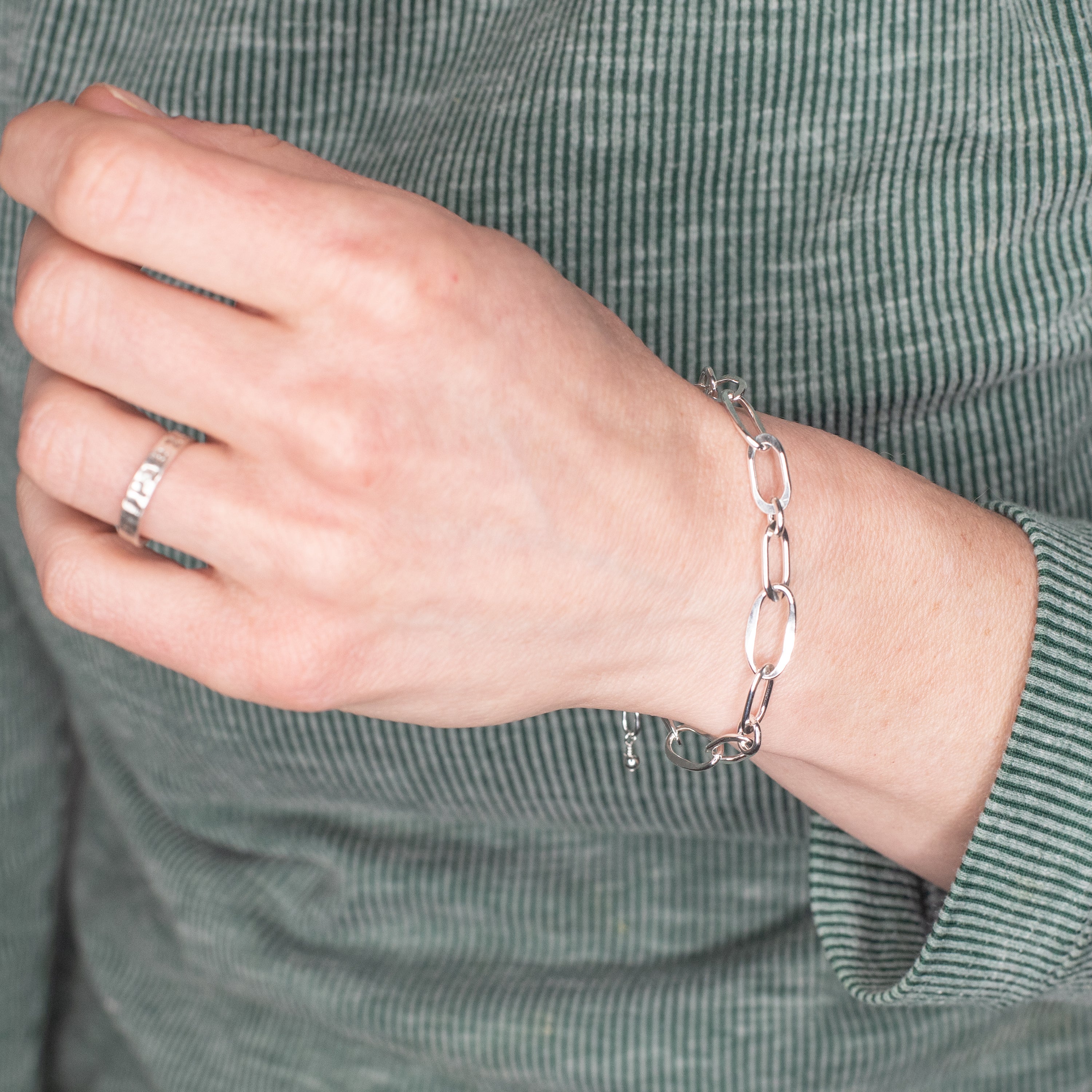 Handmade Sterling Silver Chain Bracelet – Hammered & Adjustable