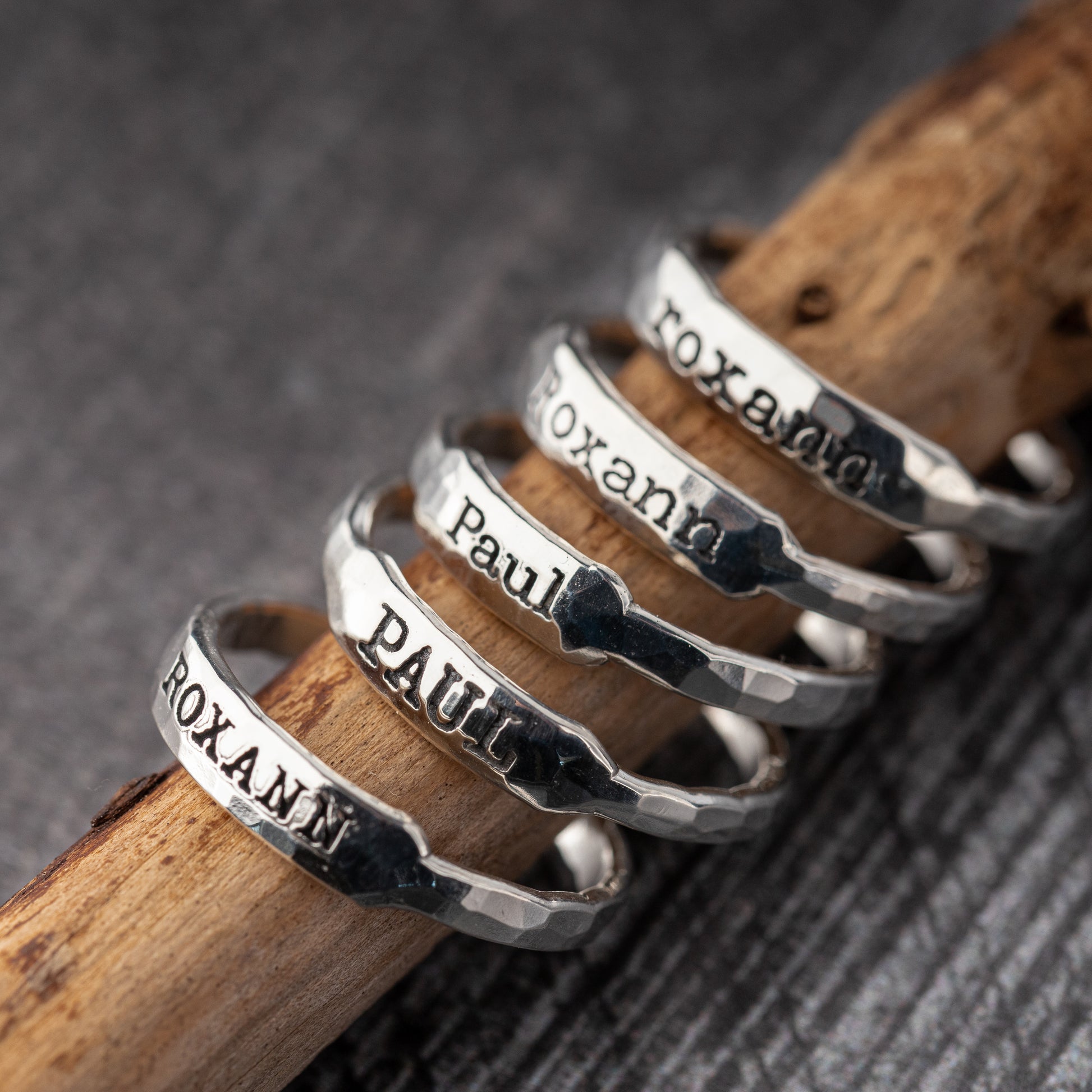 Handmade Hammered Silver Name Rings