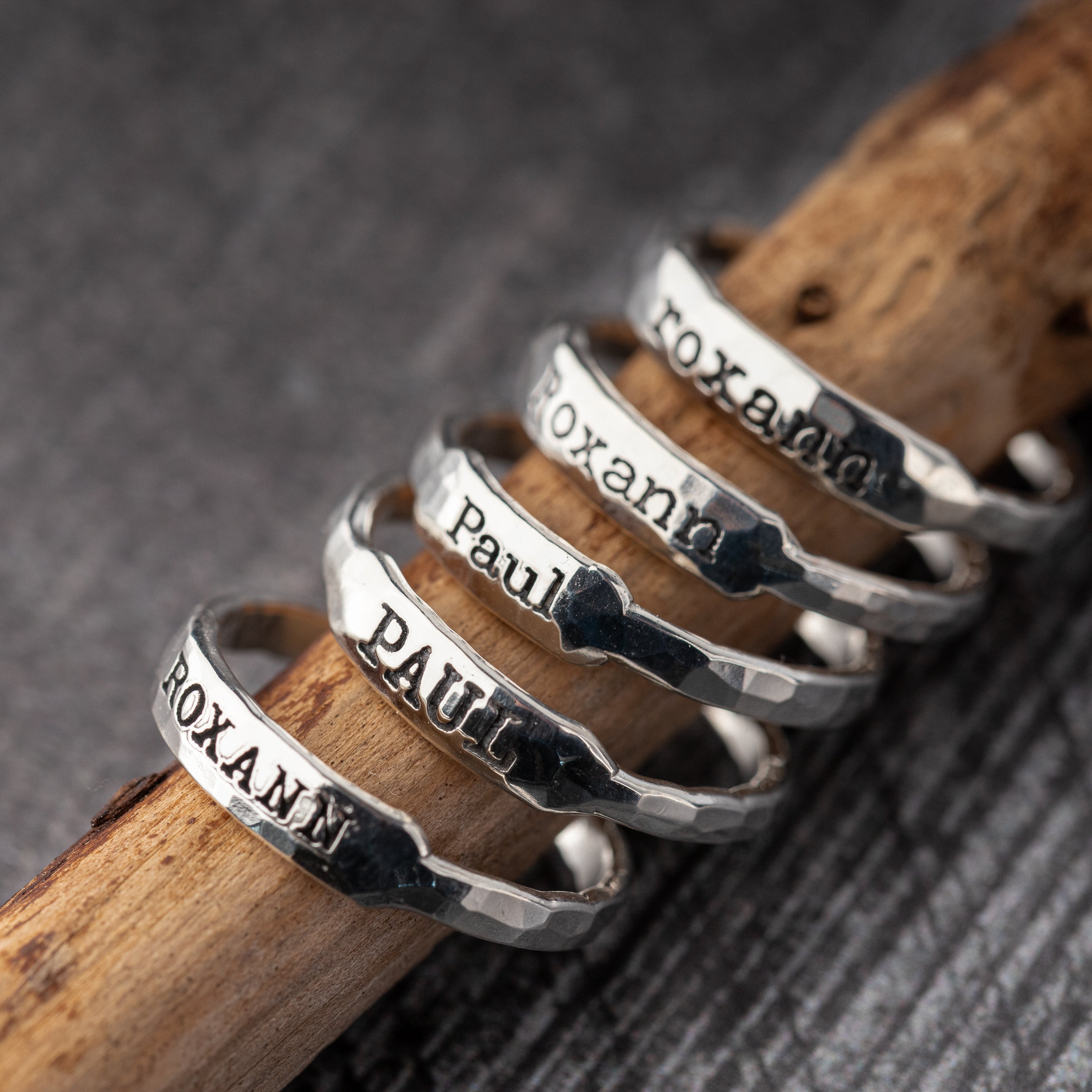Handmade Hammered Silver Name Rings