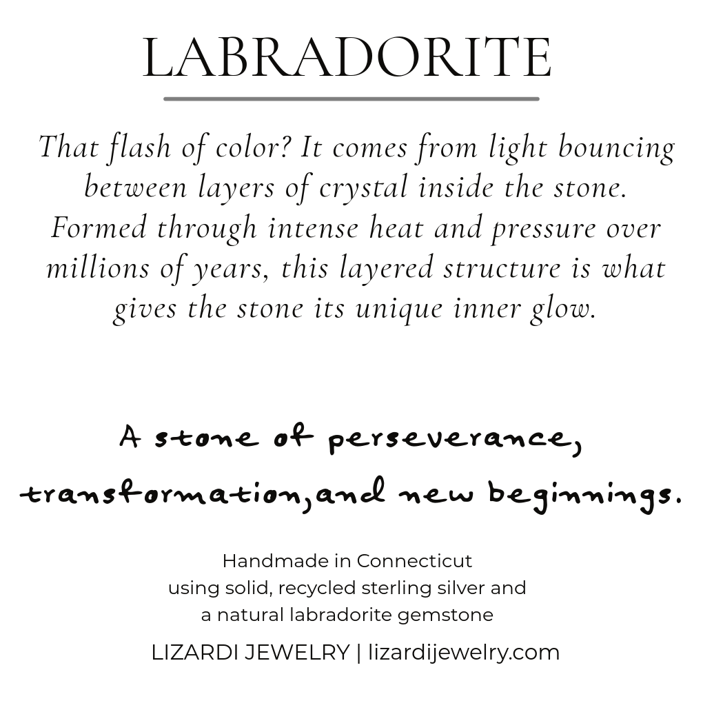 Showing the included gemstone facts that come with this labradorite necklace.  It talks about how the stone is formed over millions of years and how pressure and heat create the layered structure that give this stone it's unique flash of color. The stone represents perseverance, transformation and new beginnings. This meaningful sentiment is the perfect gift for yourself or someone special.
