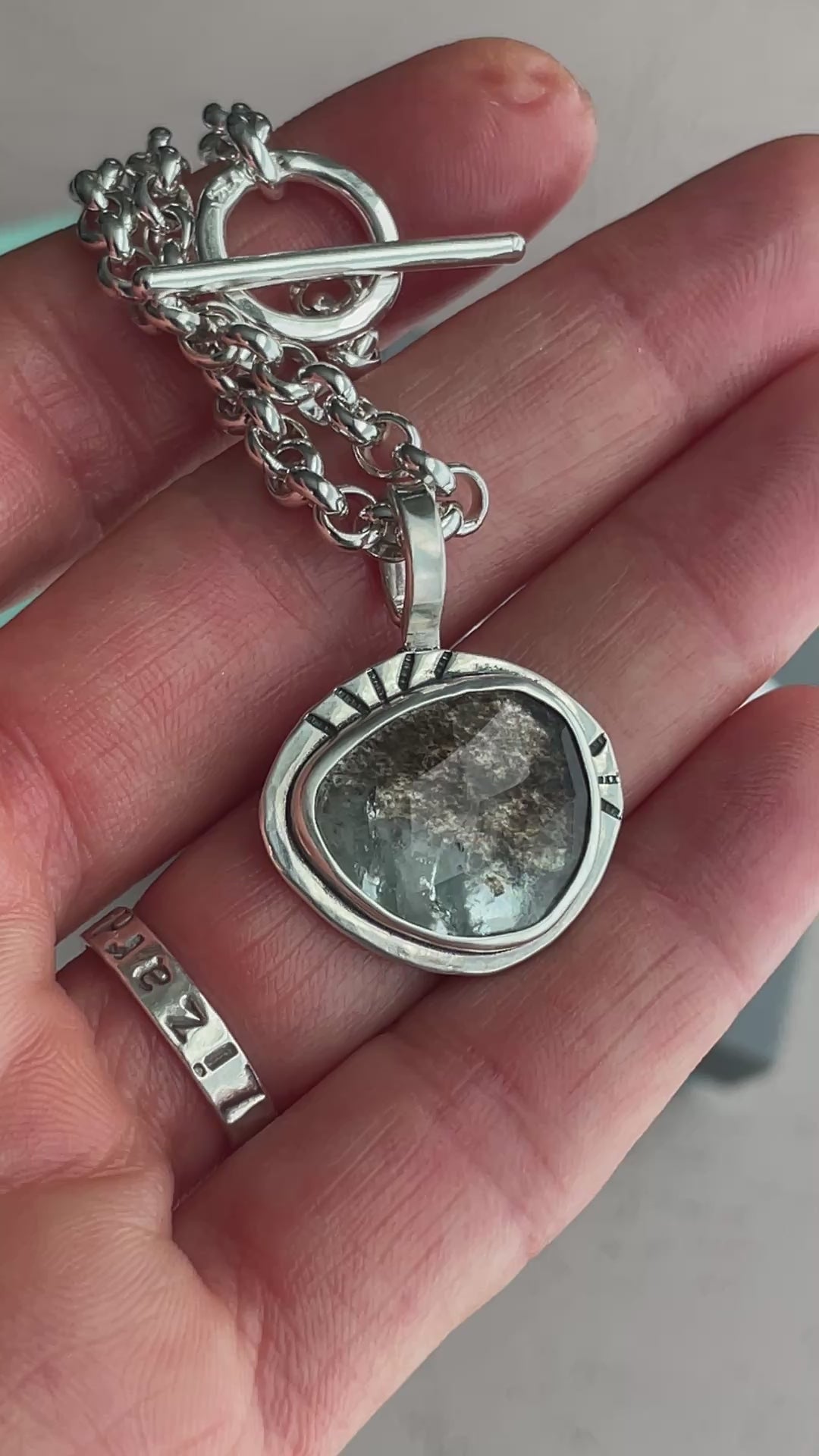 Load video: Moss Aquamarine Pendant on Handmade Rolo Chain