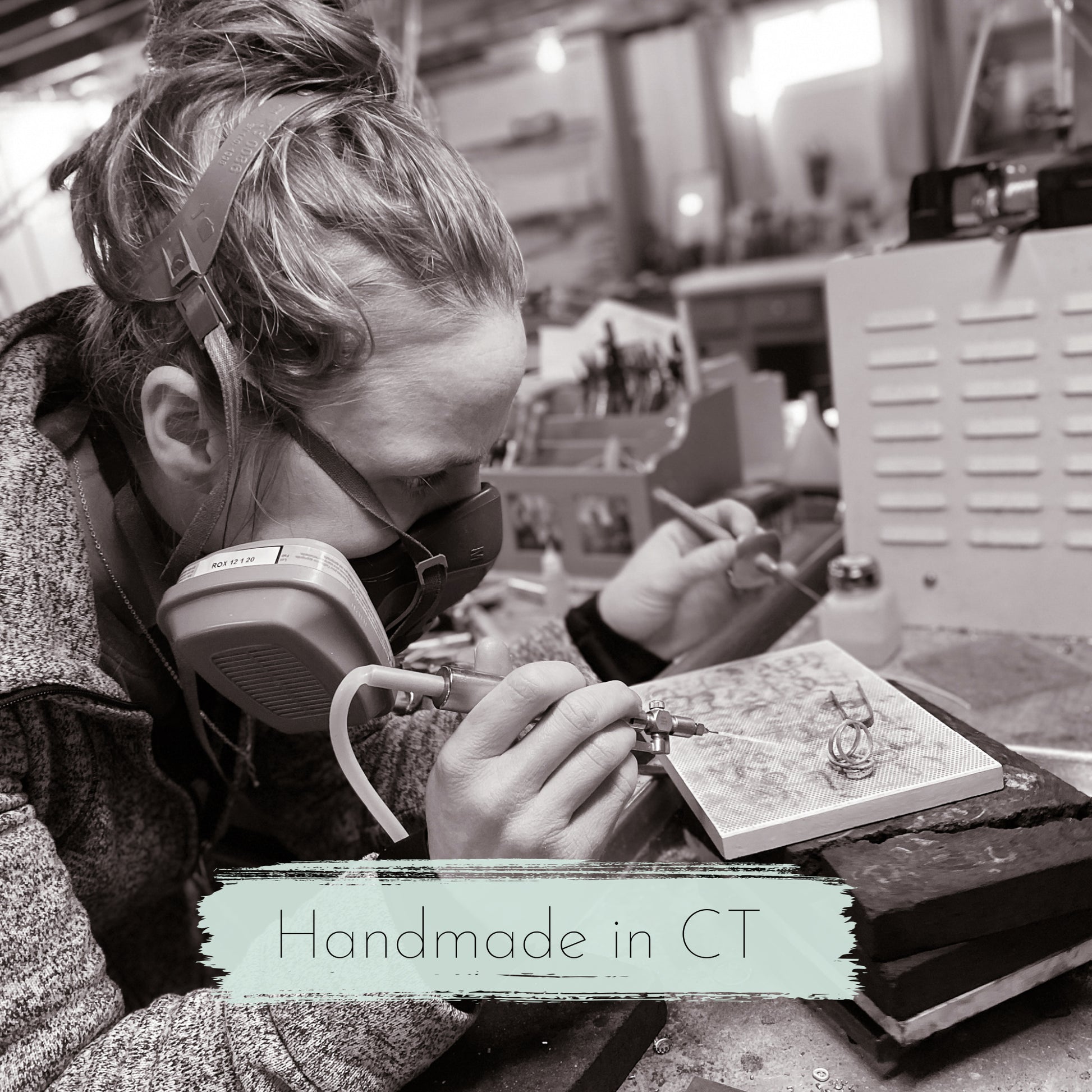 Jewelry artisan creating handmade sterling silver Jewelry with a 'Handmade in CT' text overlay