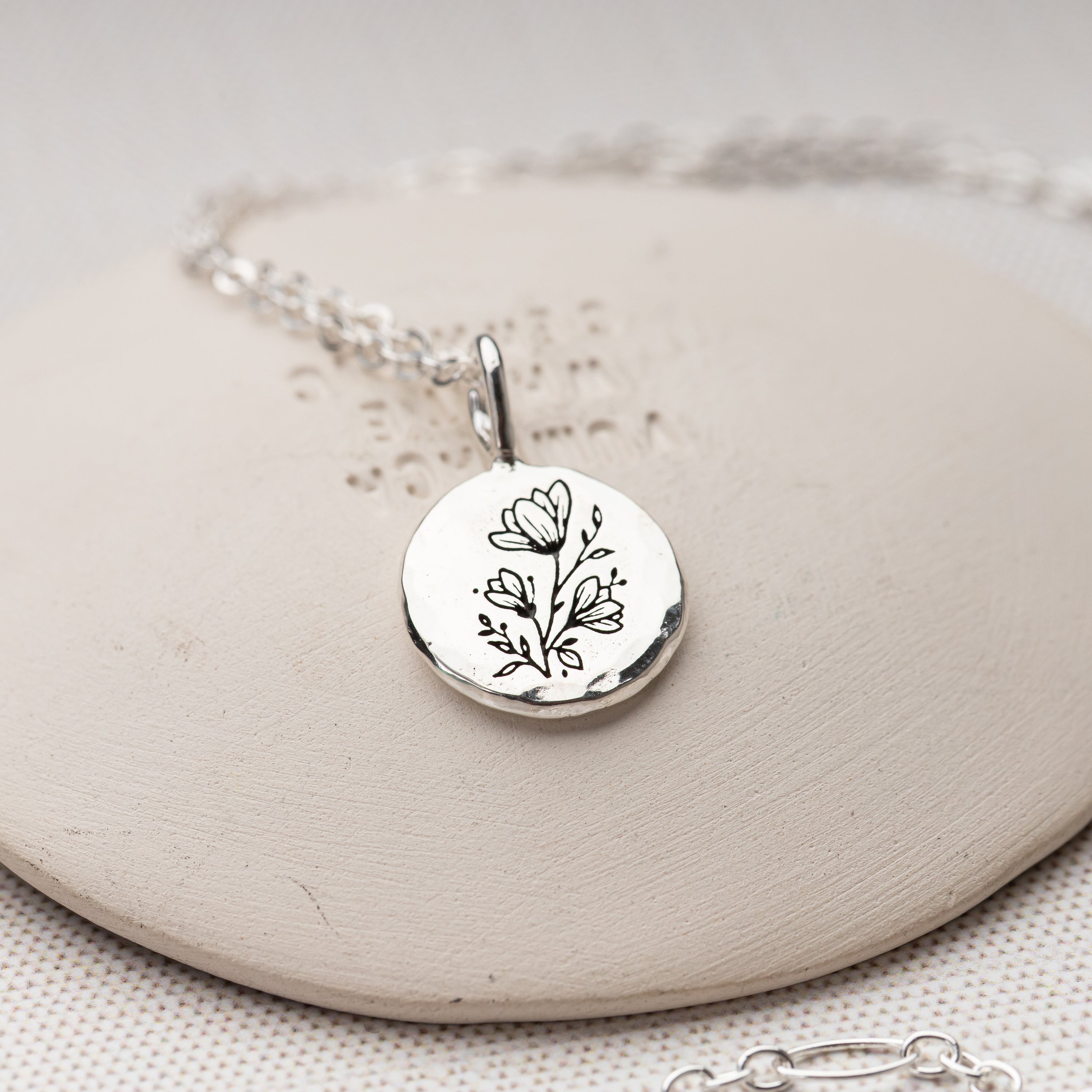 Handmade sterling silver thank you necklace with floral engraving